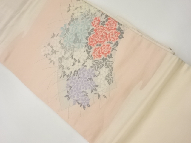 リサイクル　地紙に花々模様織出し名古屋帯